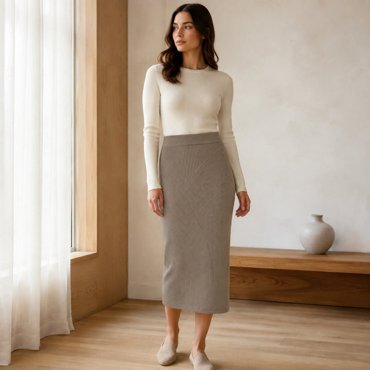 Tide-Rib Midi Skirt