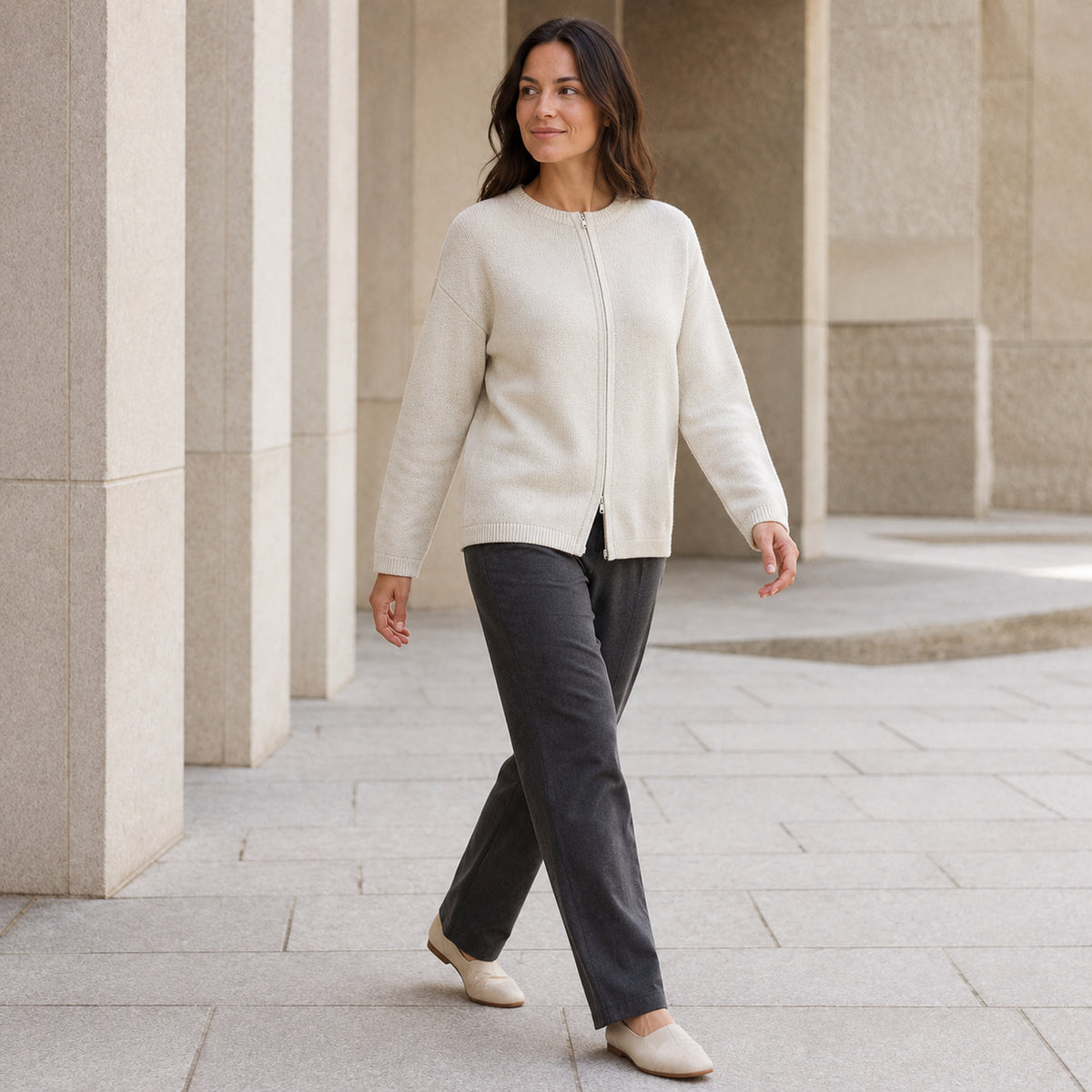 Soft-Arc Zip Cardigan