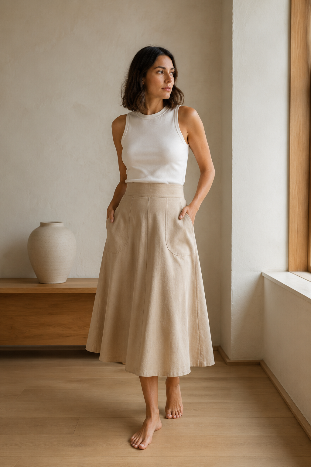 Crescent-Pocket Midi Skirt