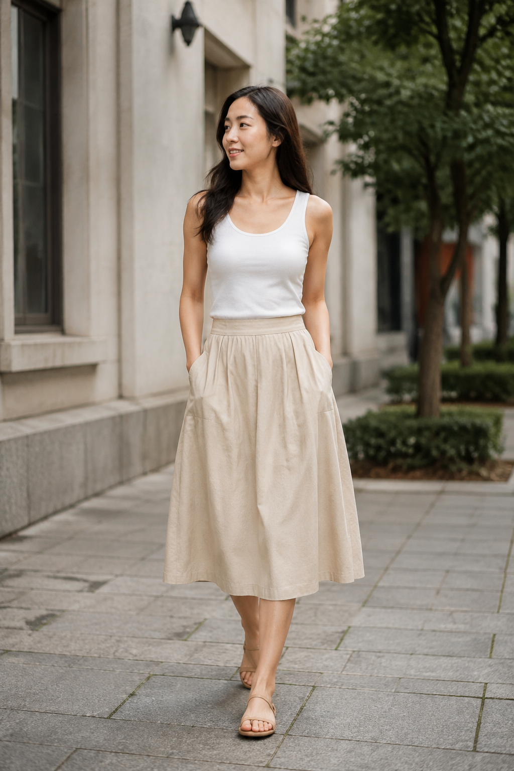 Crescent-Pocket Midi Skirt