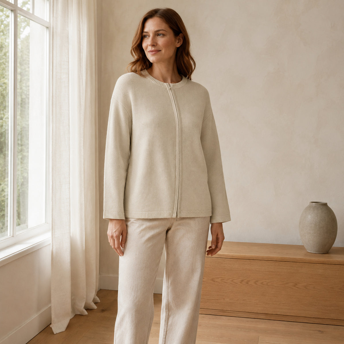 Soft-Arc Zip Cardigan